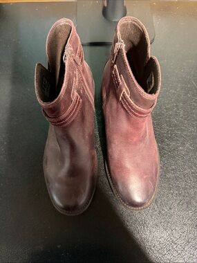 Clarks Women's Burgundy Leather Heeled Ankle Boots with Strap Detail